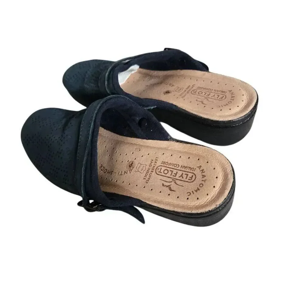 Fly Flot Italian Leather Mule Women's Size 40 Shoes Clogs Navy Atomic Leather